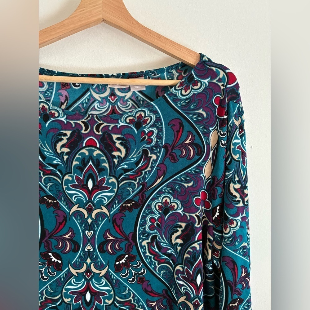 Chicos Travelers Top 3/XL Blue Paisley Tunic Wrinkle Free Flowy Stretch - Picture 3 of 9